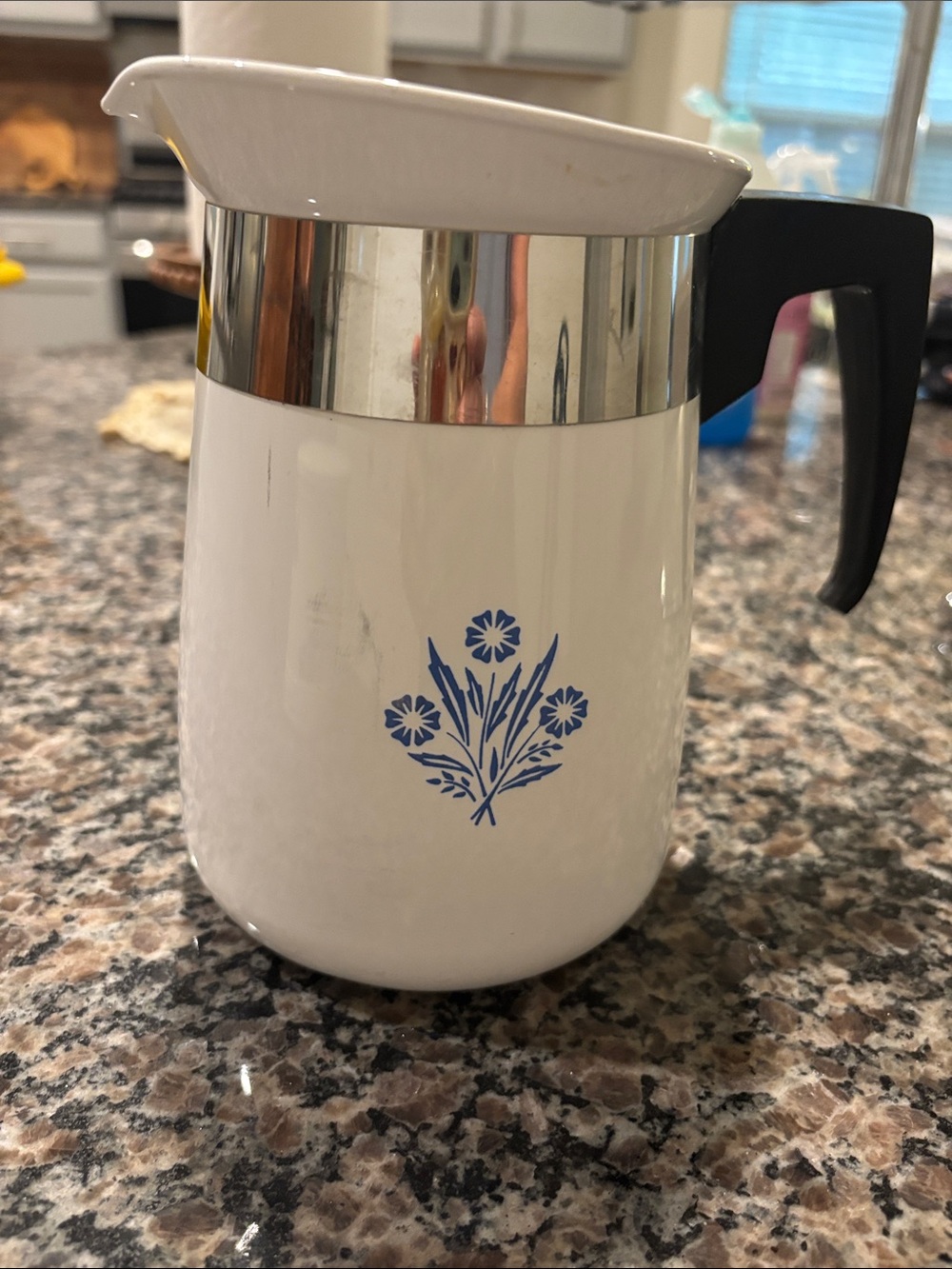 Corningware White Pitcher with Blue Floral Emblem and Black Handle